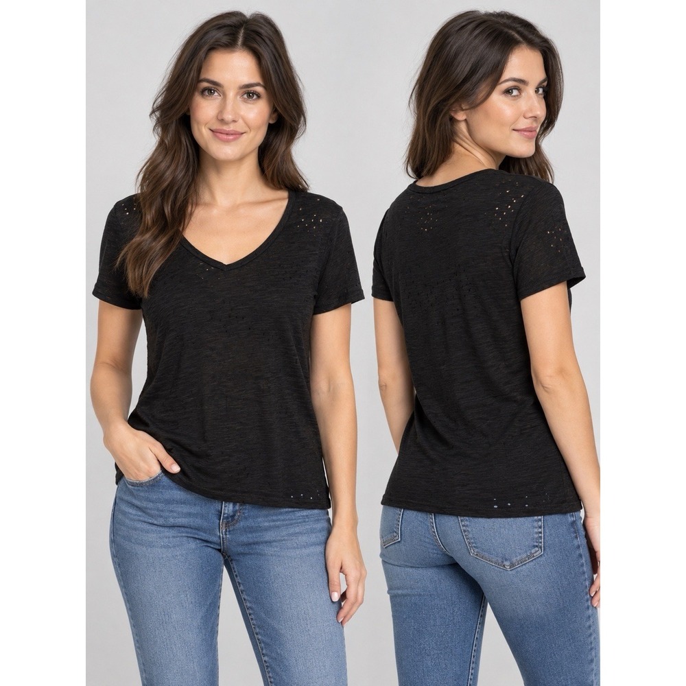 BKE Core Women's Small Black Distressed Burnout V Neck Short Sleeve T Shirt